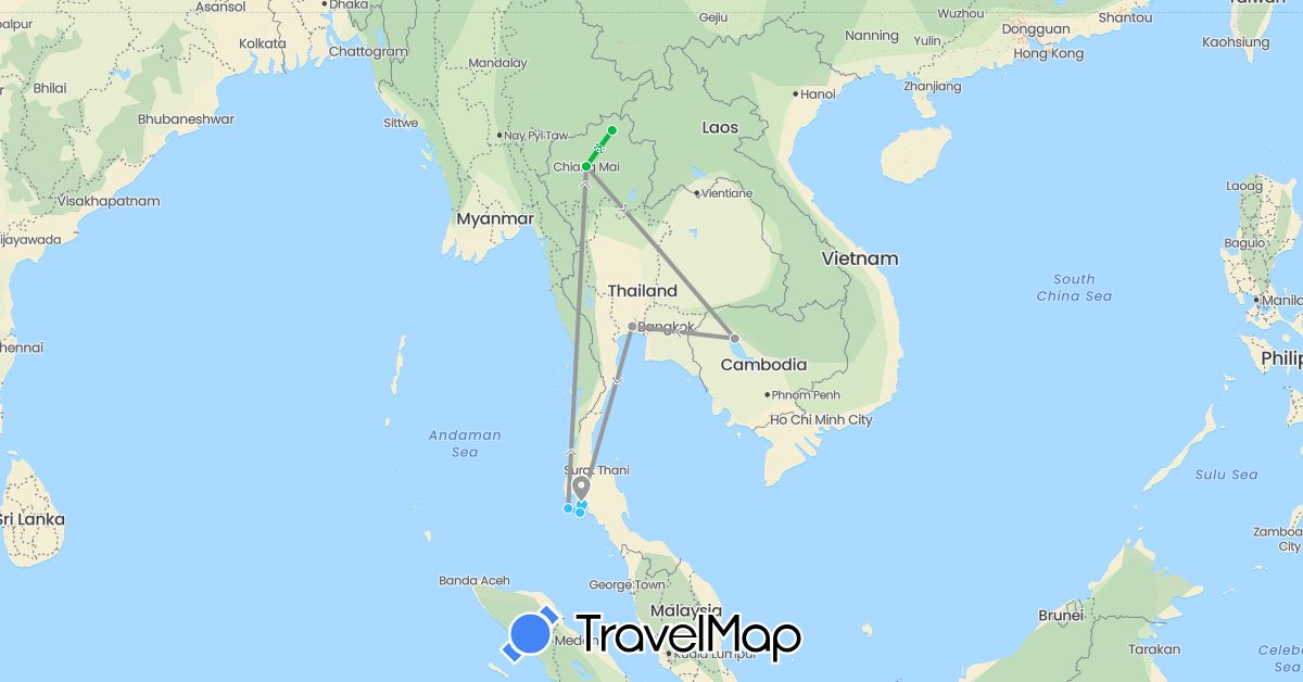 TravelMap itinerary: bus, plane, boat in Cambodia, Thailand (Asia)